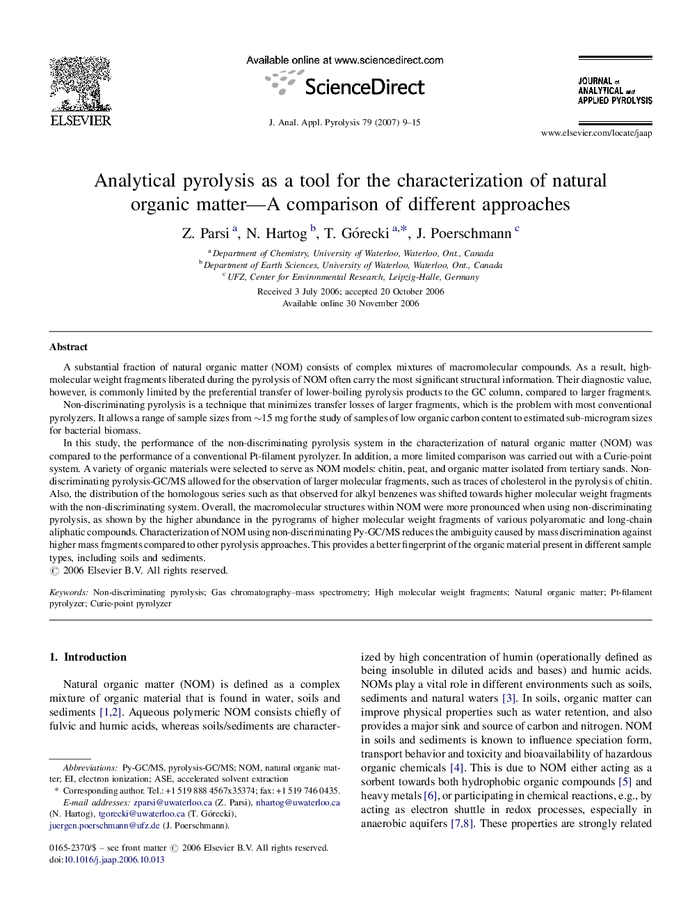 Analytical pyrolysis as a tool for the characterization of natural organic matter—A comparison of different approaches