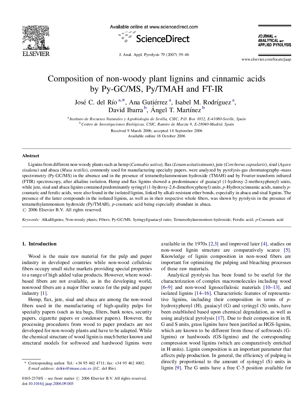 Composition of non-woody plant lignins and cinnamic acids by Py-GC/MS, Py/TMAH and FT-IR