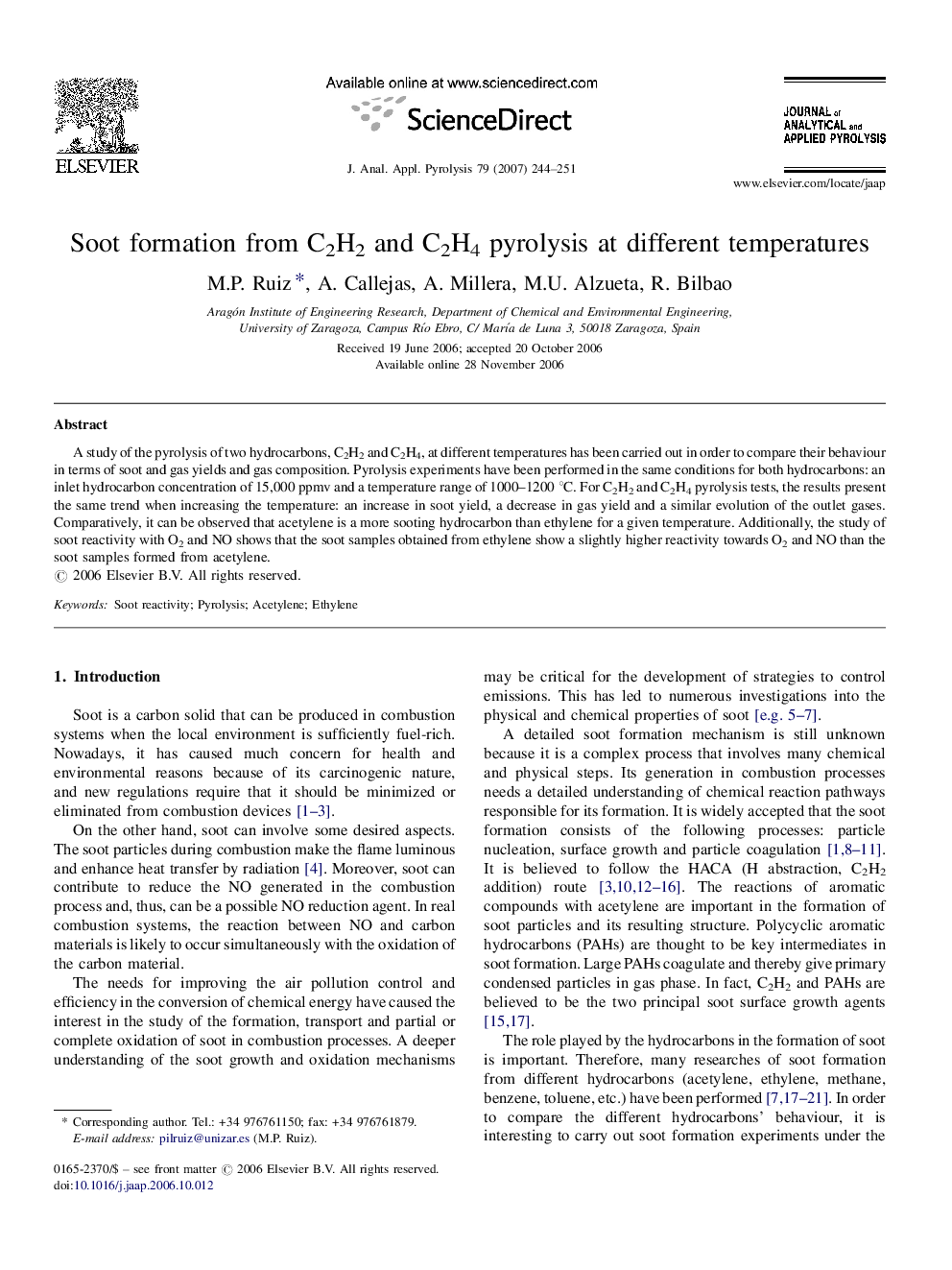 Soot formation from C2H2 and C2H4 pyrolysis at different temperatures