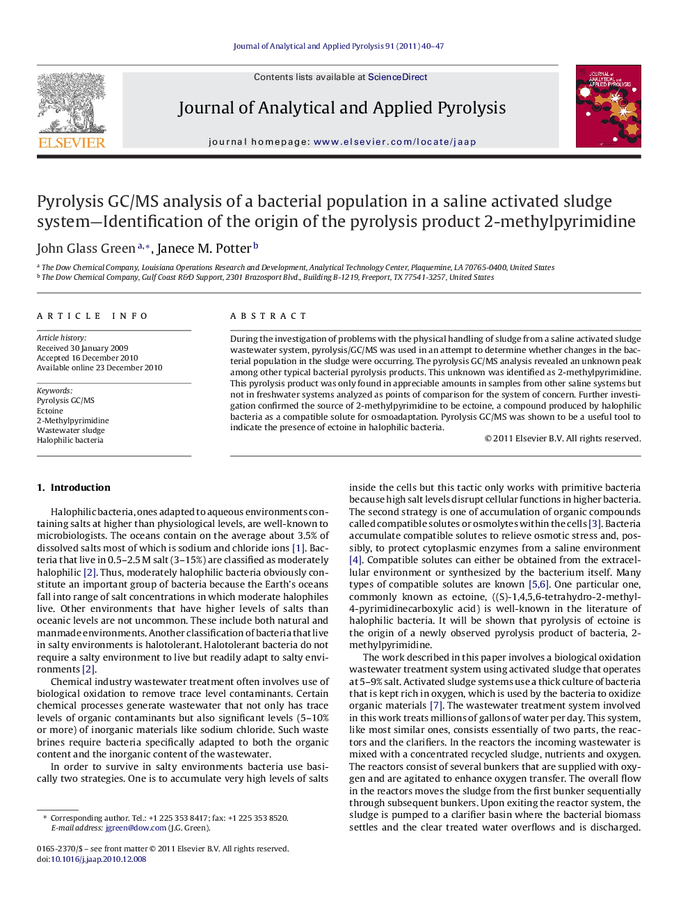 Pyrolysis GC/MS analysis of a bacterial population in a saline activated sludge system—Identification of the origin of the pyrolysis product 2-methylpyrimidine