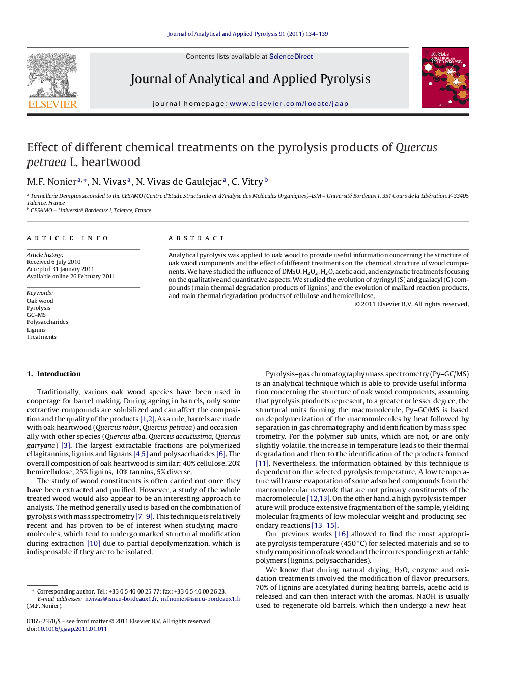 Effect of different chemical treatments on the pyrolysis products of Quercus petraea L. heartwood