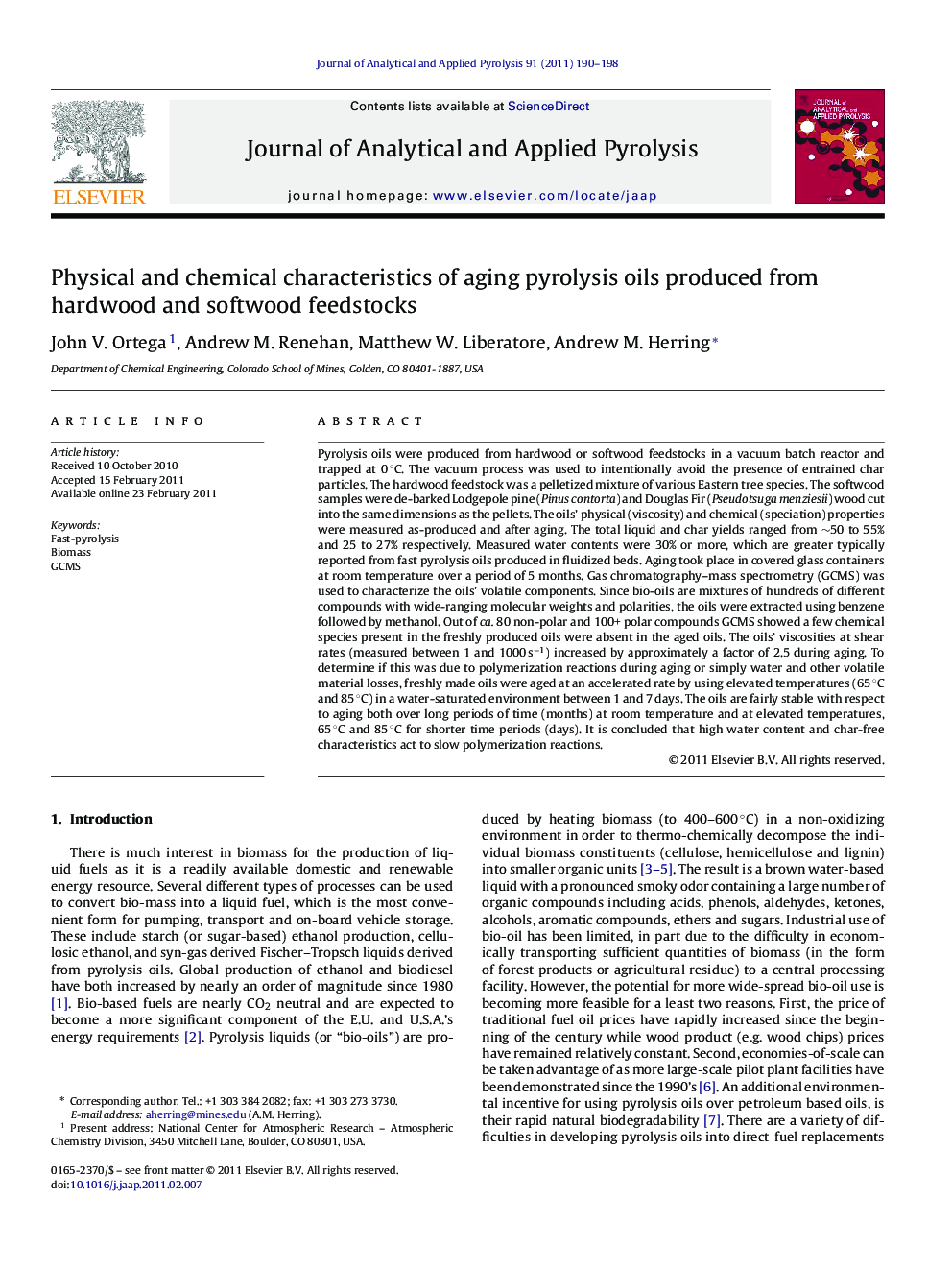 Physical and chemical characteristics of aging pyrolysis oils produced from hardwood and softwood feedstocks