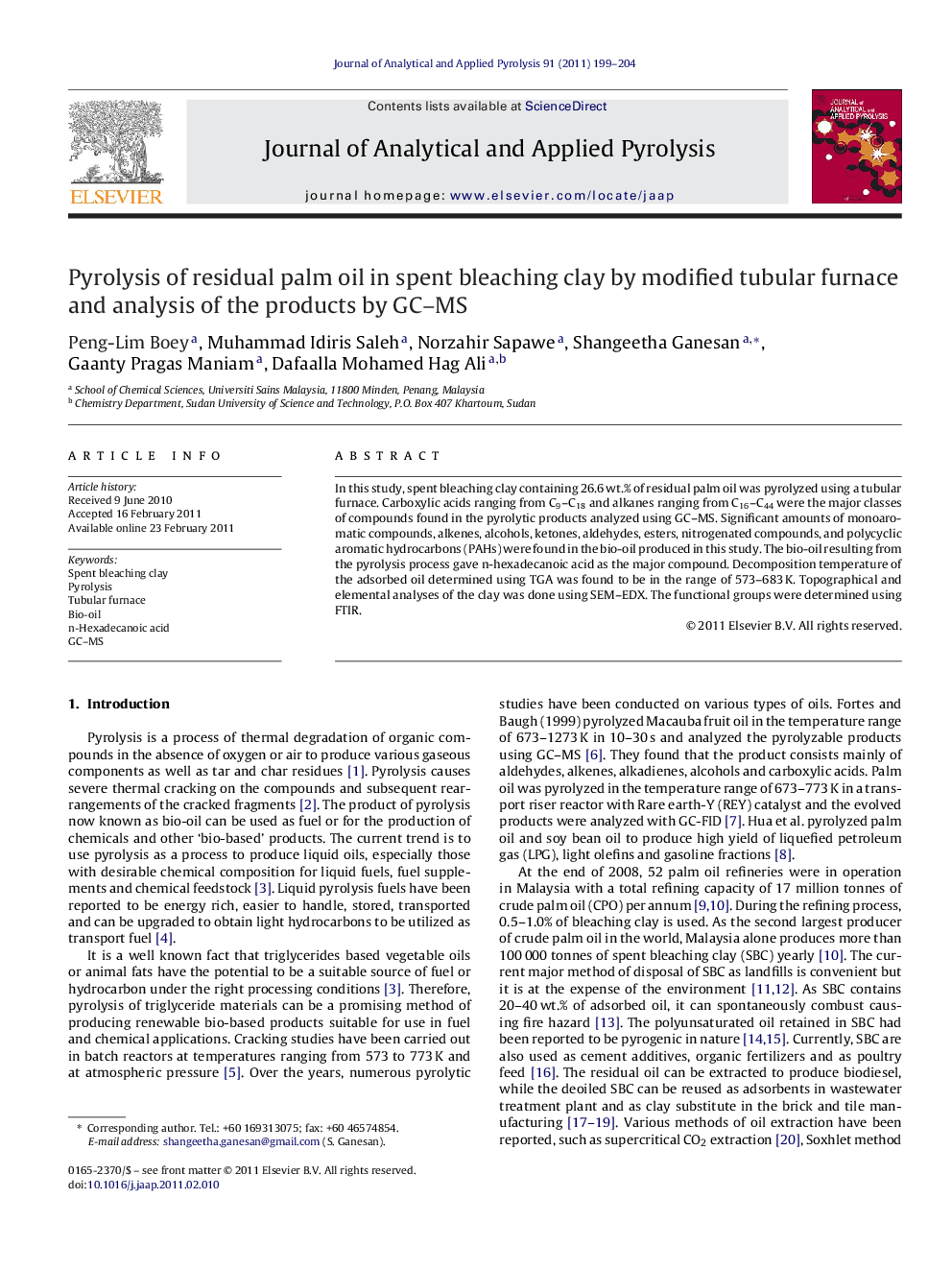 Pyrolysis of residual palm oil in spent bleaching clay by modified tubular furnace and analysis of the products by GC–MS