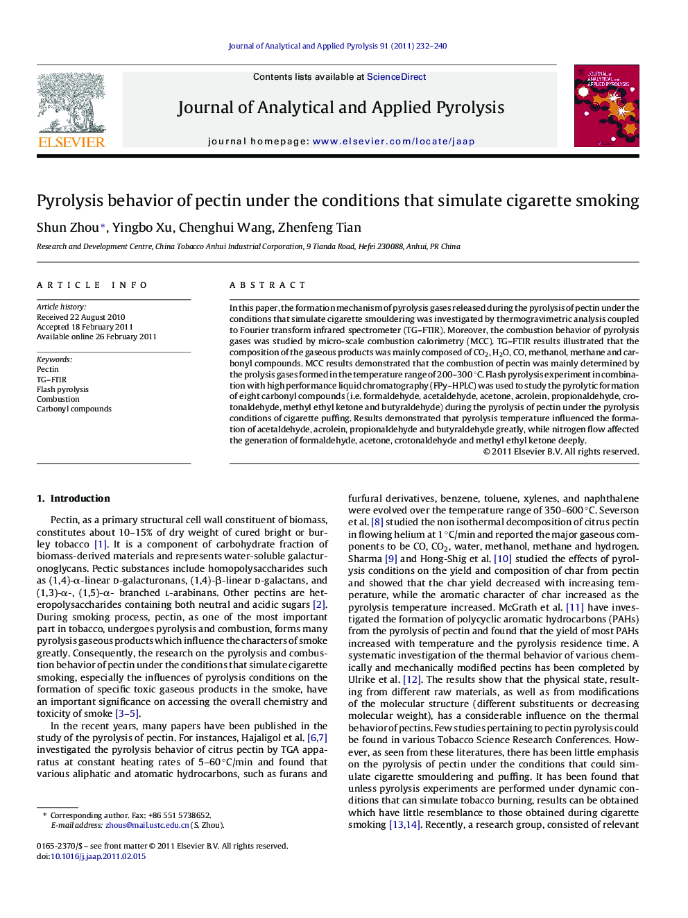 Pyrolysis behavior of pectin under the conditions that simulate cigarette smoking