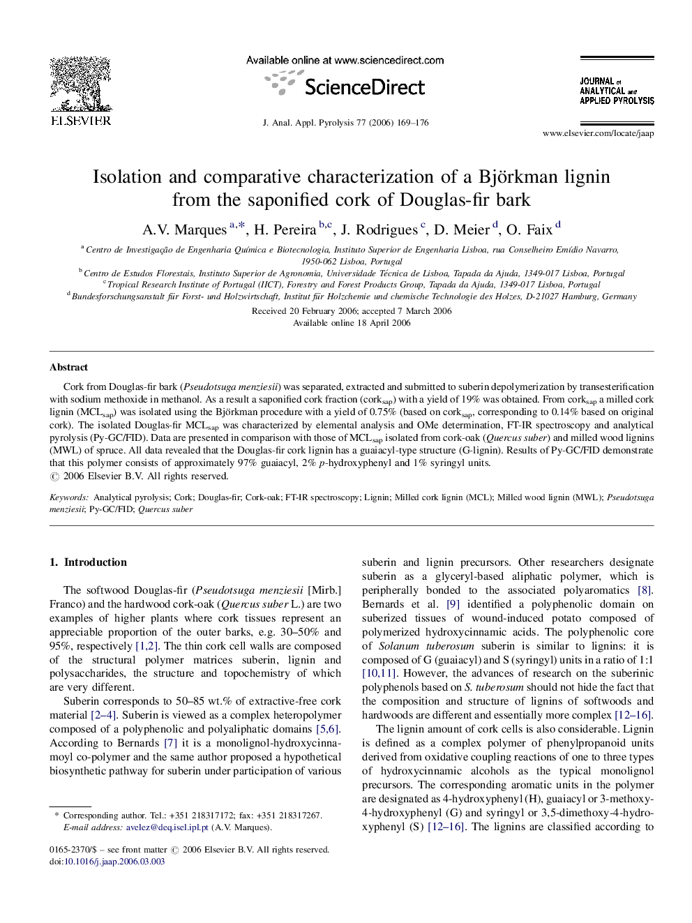 Isolation and comparative characterization of a Björkman lignin from the saponified cork of Douglas-fir bark