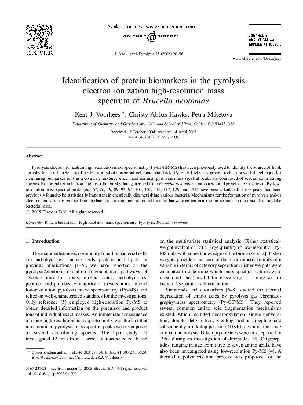 Identification of protein biomarkers in the pyrolysis electron ionization high-resolution mass spectrum of Brucella neotomae