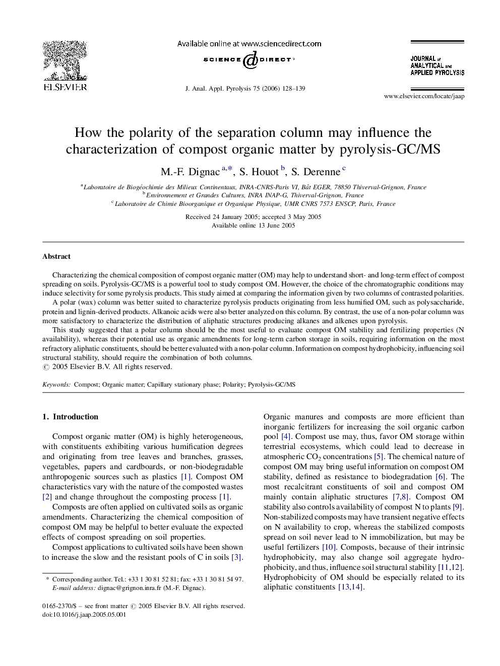 How the polarity of the separation column may influence the characterization of compost organic matter by pyrolysis-GC/MS