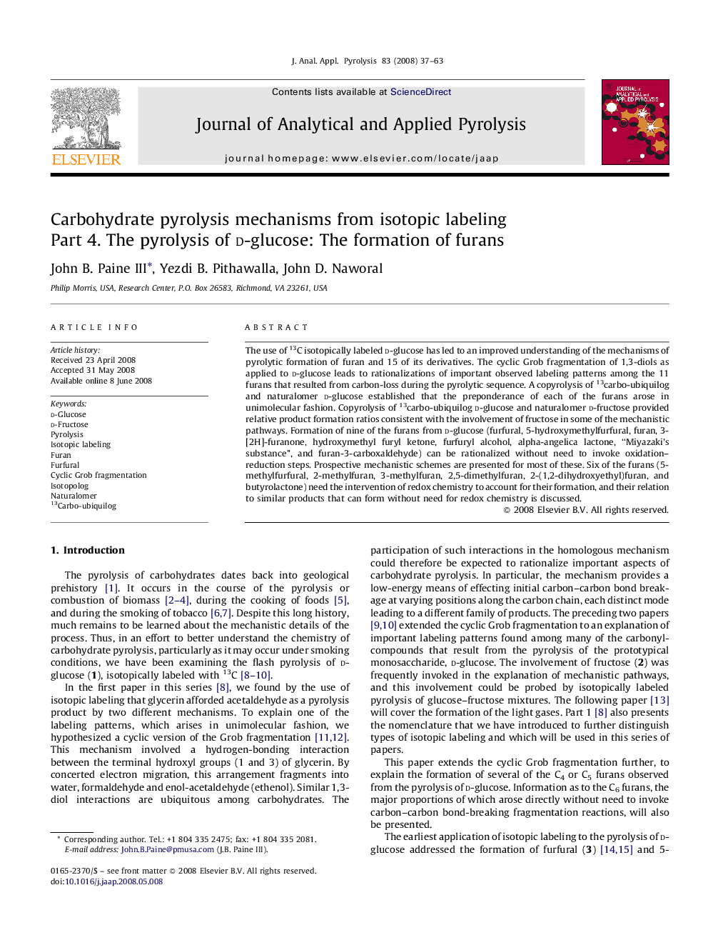 Carbohydrate pyrolysis mechanisms from isotopic labeling: Part 4. The pyrolysis of d-glucose: The formation of furans