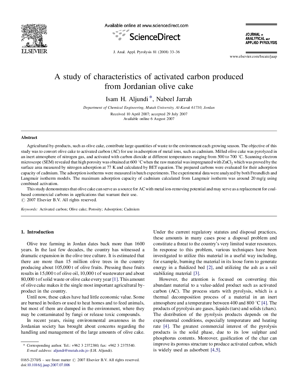 A study of characteristics of activated carbon produced from Jordanian olive cake