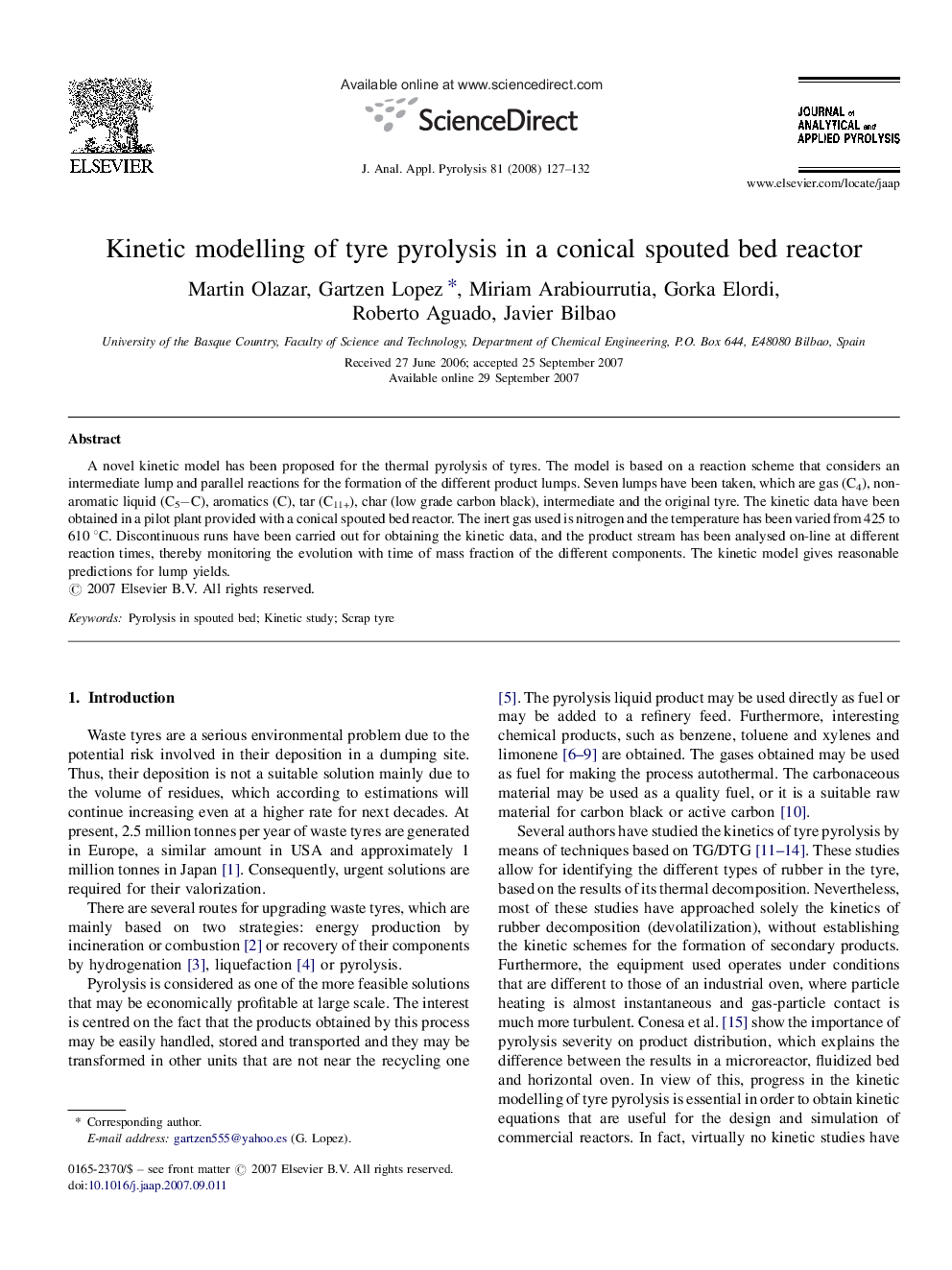 Kinetic modelling of tyre pyrolysis in a conical spouted bed reactor