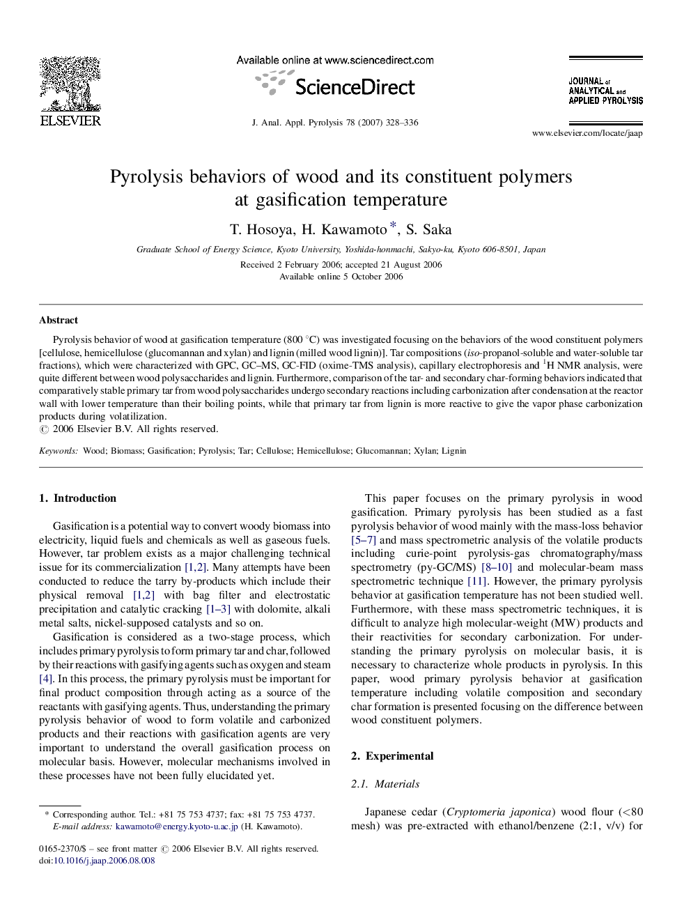 Pyrolysis behaviors of wood and its constituent polymers at gasification temperature