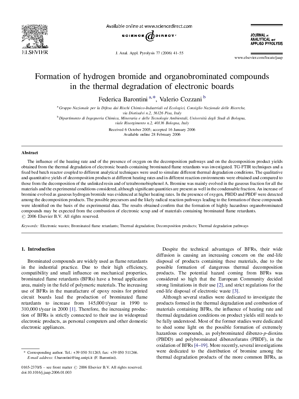 Formation of hydrogen bromide and organobrominated compounds in the thermal degradation of electronic boards