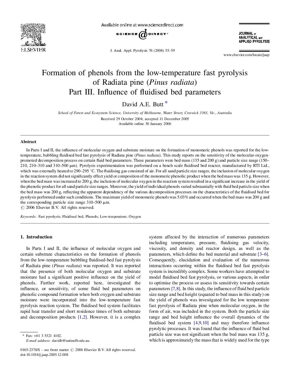 Formation of phenols from the low-temperature fast pyrolysis of Radiata pine (Pinus radiata)