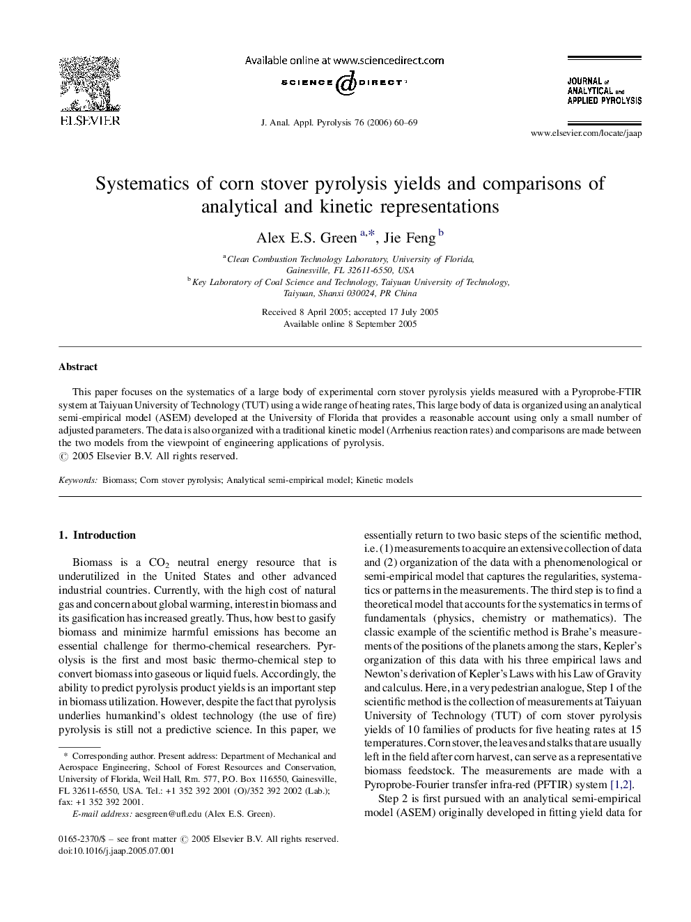 Systematics of corn stover pyrolysis yields and comparisons of analytical and kinetic representations