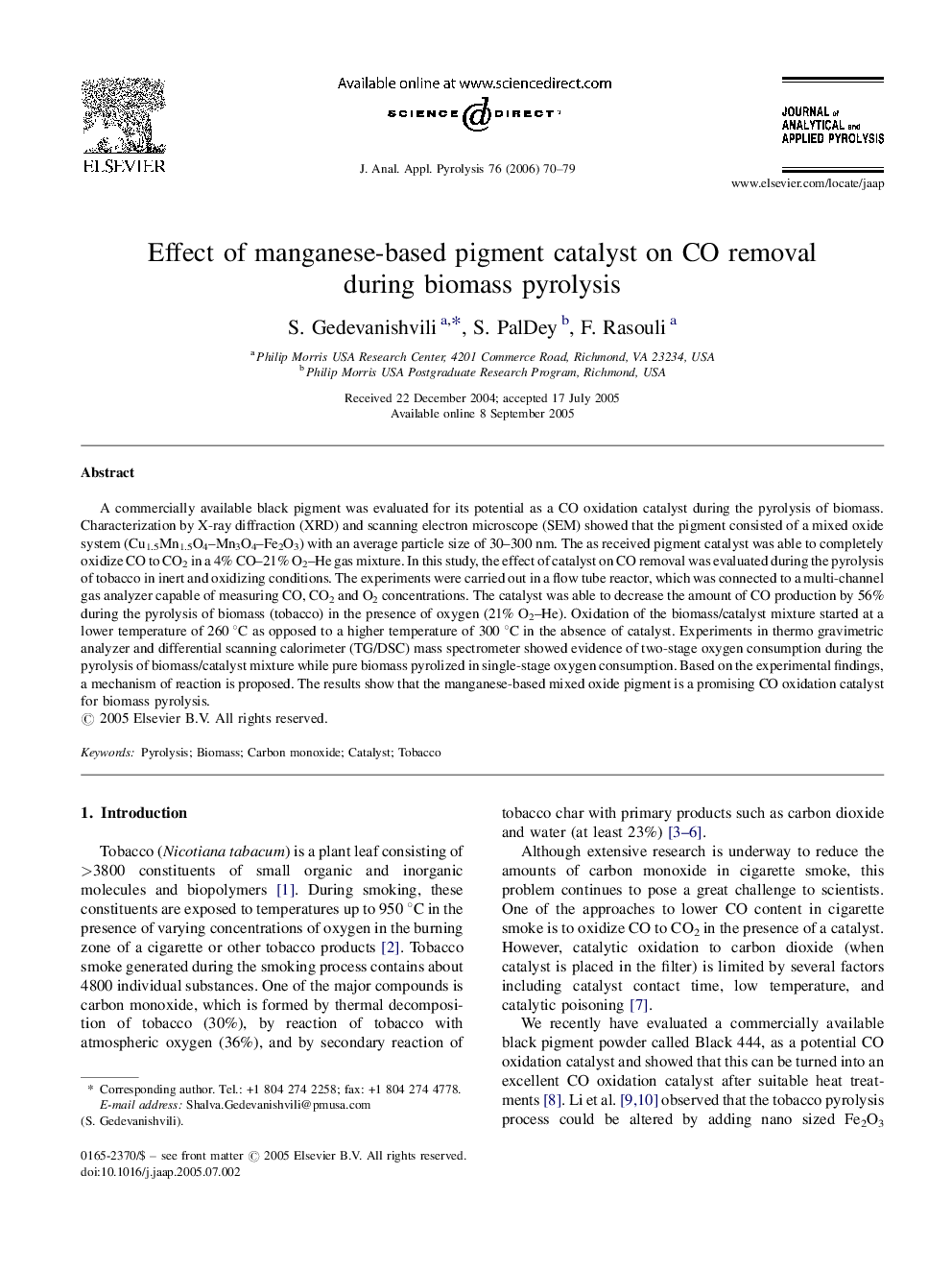 Effect of manganese-based pigment catalyst on CO removal during biomass pyrolysis