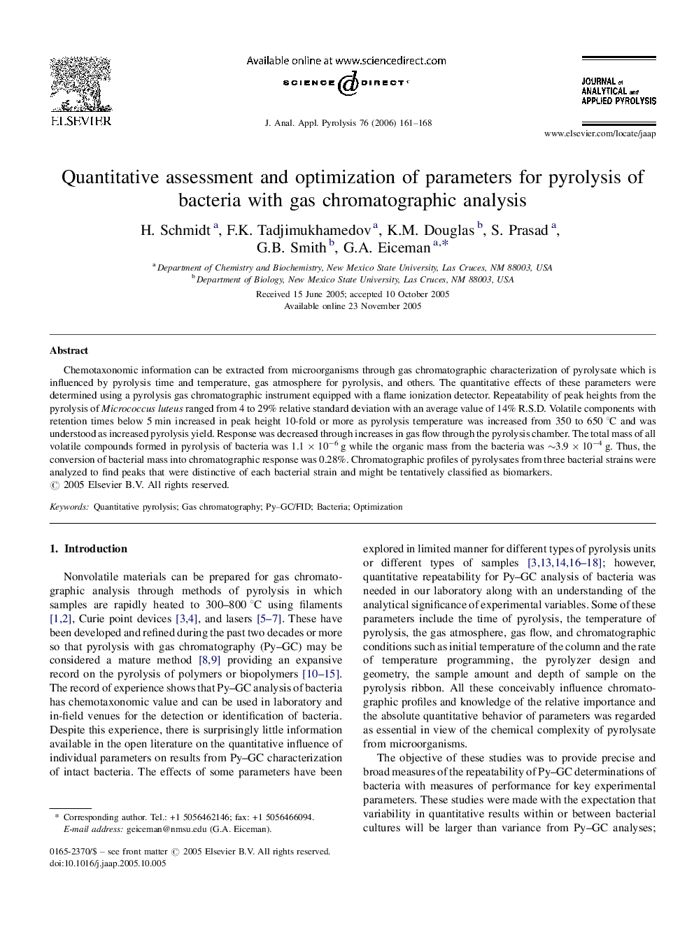 Quantitative assessment and optimization of parameters for pyrolysis of bacteria with gas chromatographic analysis