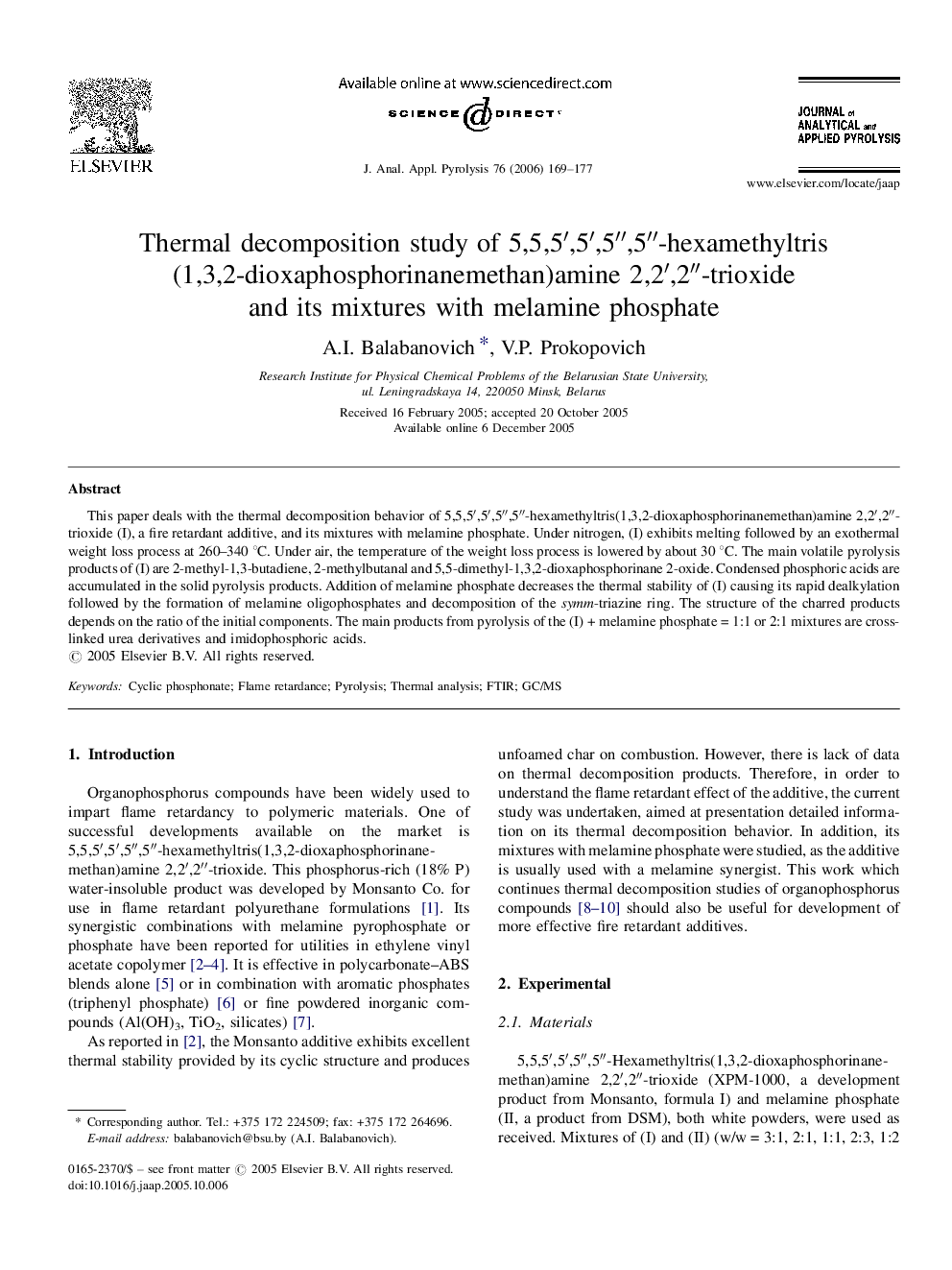 Thermal decomposition study of 5,5,5′,5′,5″,5″-hexamethyltris(1,3,2-dioxaphosphorinanemethan)amine 2,2′,2″-trioxide and its mixtures with melamine phosphate