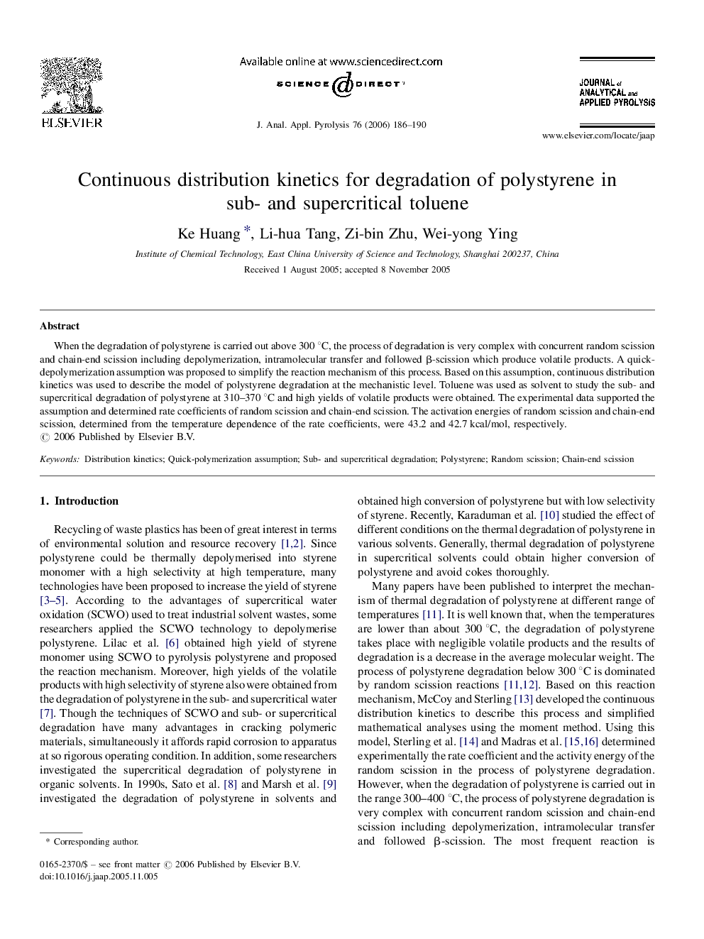 Continuous distribution kinetics for degradation of polystyrene in sub- and supercritical toluene