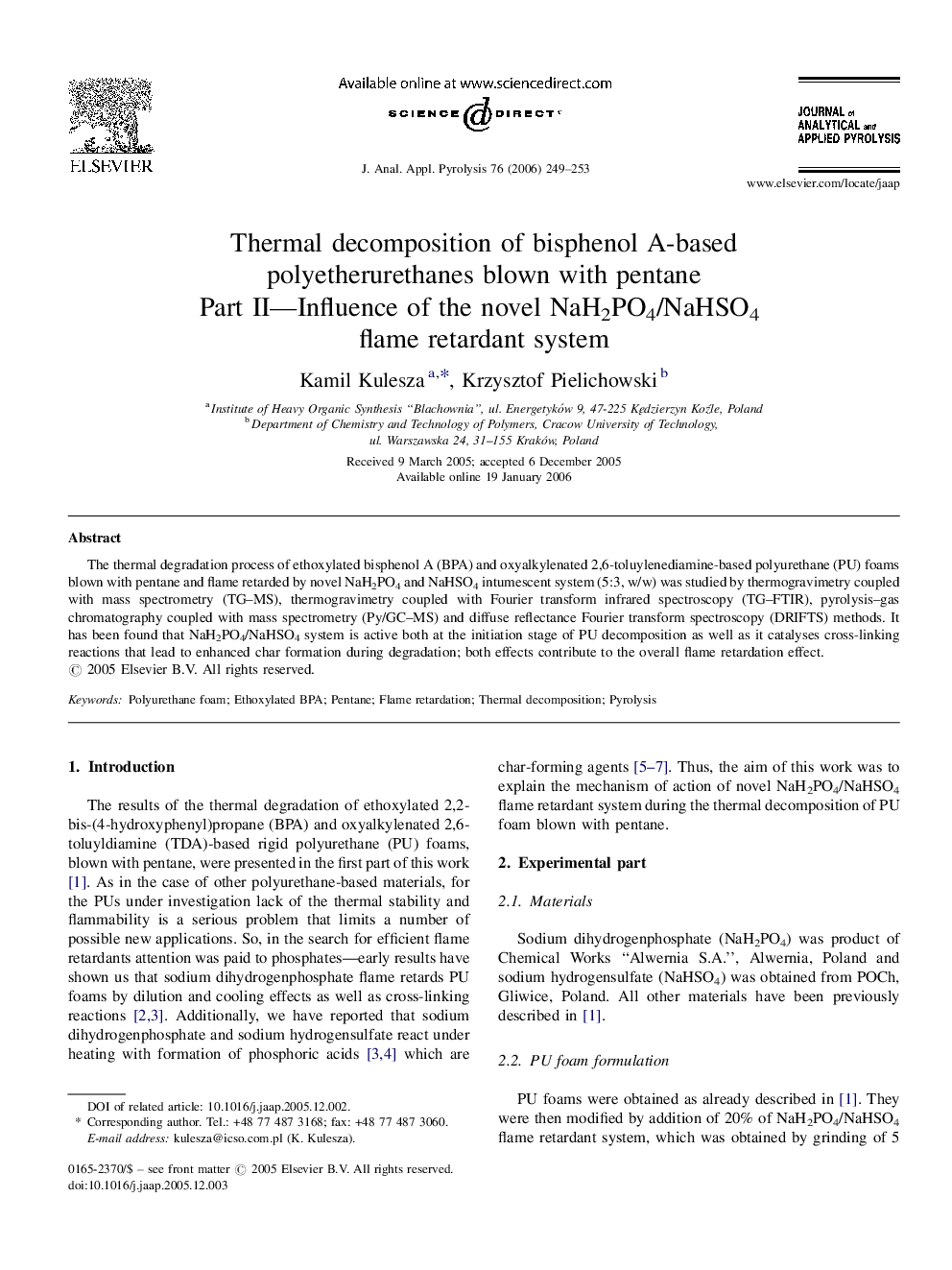 Thermal decomposition of bisphenol A-based polyetherurethanes blown with pentane: Part II—Influence of the novel NaH2PO4/NaHSO4 flame retardant system