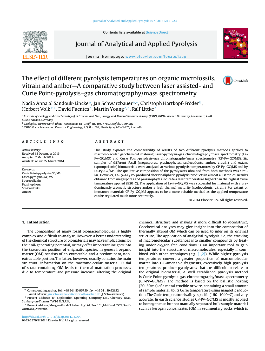 The effect of different pyrolysis temperatures on organic microfossils, vitrain and amber—A comparative study between laser assisted- and Curie Point-pyrolysis–gas chromatography/mass spectrometry