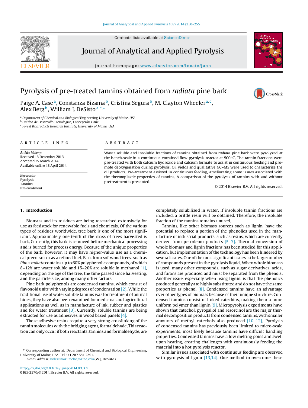 Pyrolysis of pre-treated tannins obtained from radiata pine bark