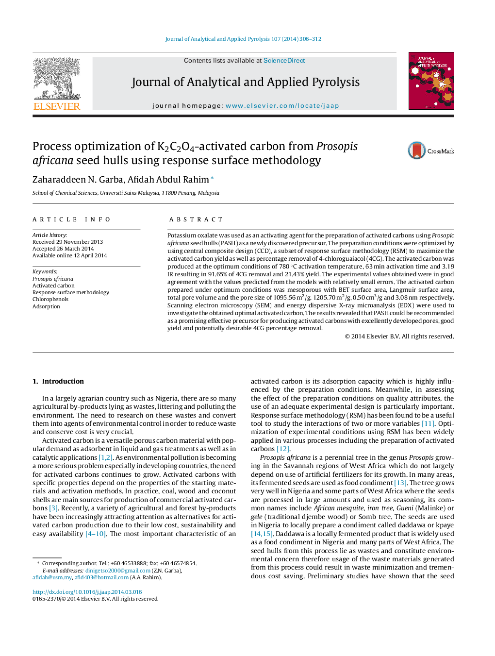 Process optimization of K2C2O4-activated carbon from Prosopis africana seed hulls using response surface methodology