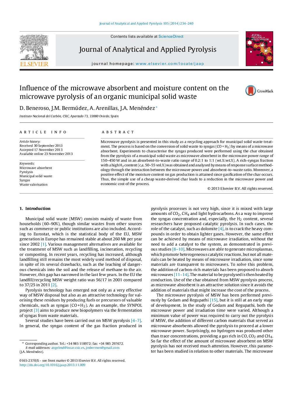 Influence of the microwave absorbent and moisture content on the microwave pyrolysis of an organic municipal solid waste