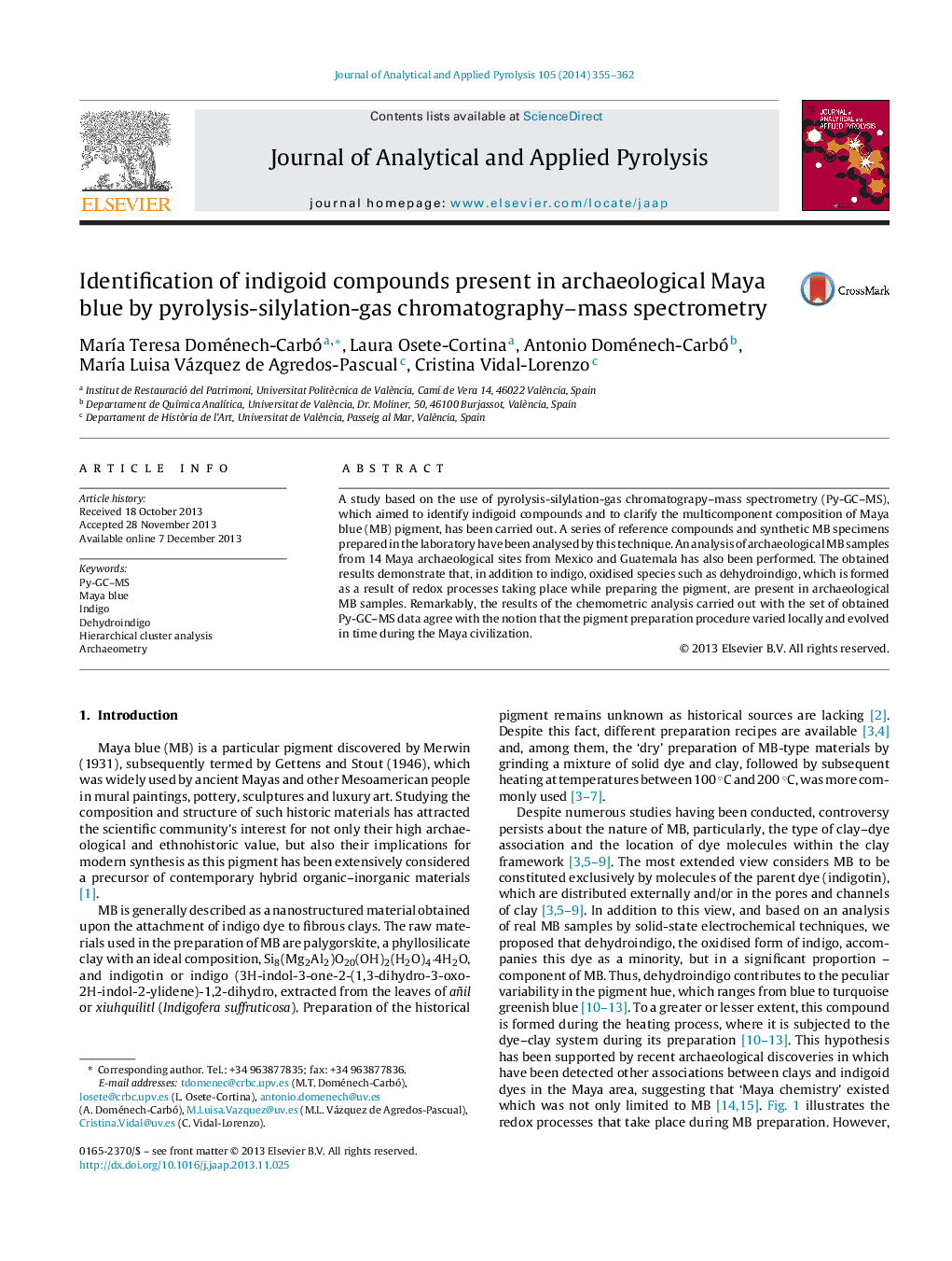 Identification of indigoid compounds present in archaeological Maya blue by pyrolysis-silylation-gas chromatography–mass spectrometry