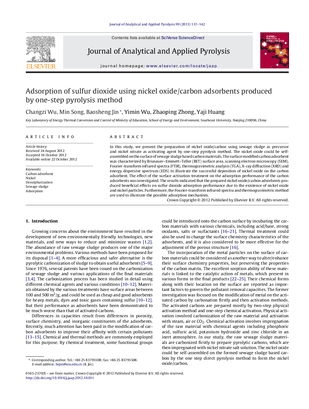 Adsorption of sulfur dioxide using nickel oxide/carbon adsorbents produced by one-step pyrolysis method