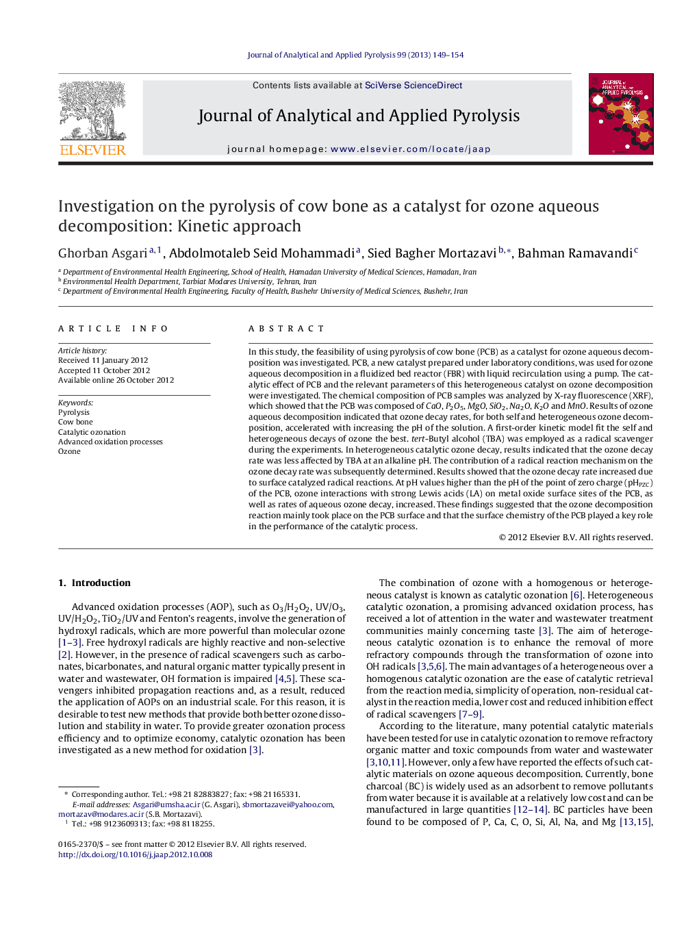 Investigation on the pyrolysis of cow bone as a catalyst for ozone aqueous decomposition: Kinetic approach