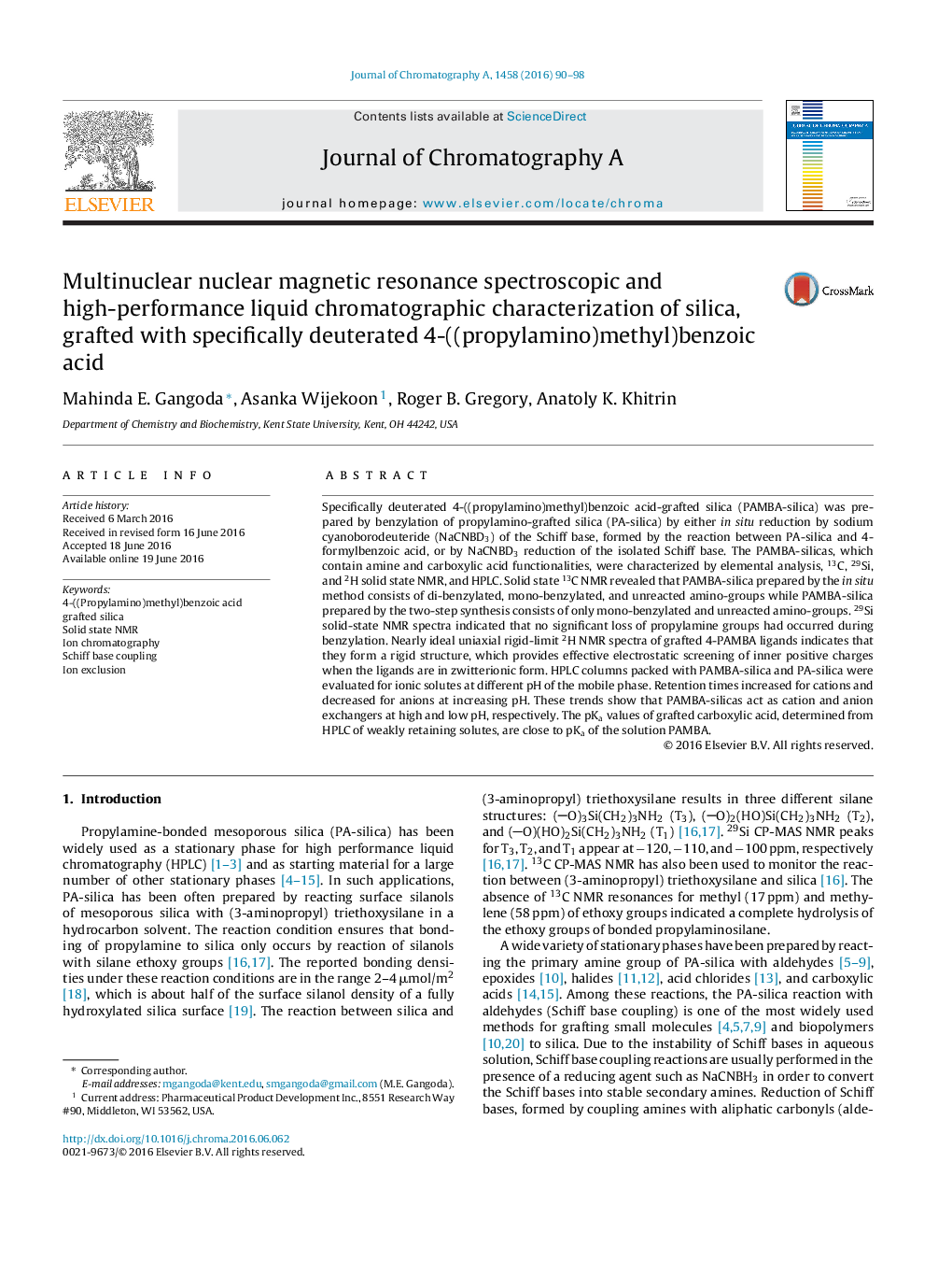 Multinuclear nuclear magnetic resonance spectroscopic and high-performance liquid chromatographic characterization of silica, grafted with specifically deuterated 4-((propylamino)methyl)benzoic acid