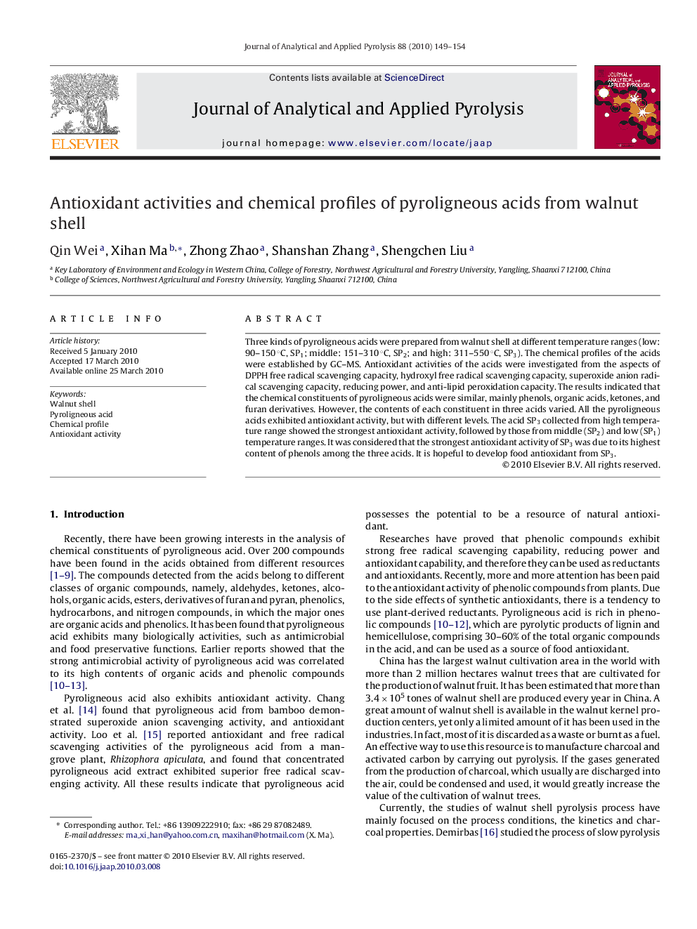 Antioxidant activities and chemical profiles of pyroligneous acids from walnut shell