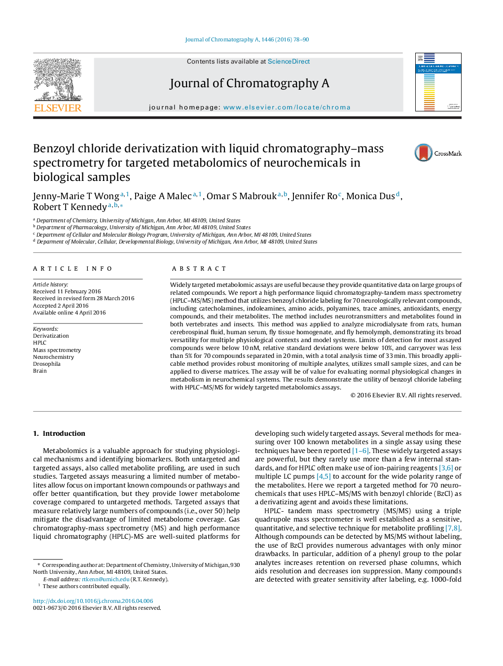 Benzoyl chloride derivatization with liquid chromatography–mass spectrometry for targeted metabolomics of neurochemicals in biological samples