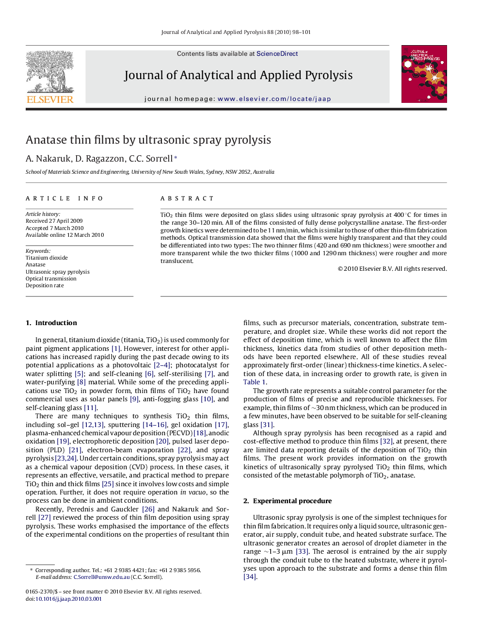 Anatase thin films by ultrasonic spray pyrolysis