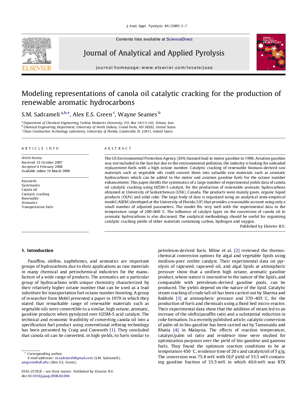 Modeling representations of canola oil catalytic cracking for the production of renewable aromatic hydrocarbons