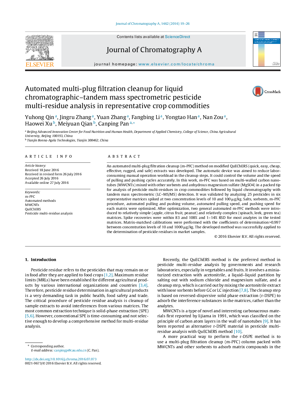 Automated multi-plug filtration cleanup for liquid chromatographic–tandem mass spectrometric pesticide multi-residue analysis in representative crop commodities