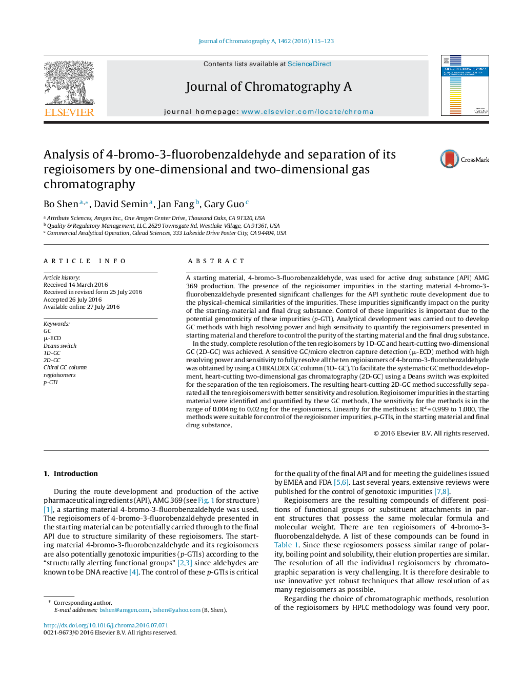 Analysis of 4-bromo-3-fluorobenzaldehyde and separation of its regioisomers by one-dimensional and two-dimensional gas chromatography