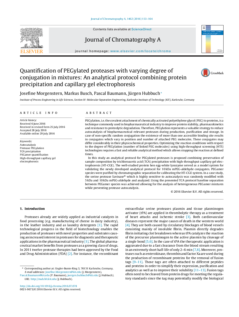 Quantification of PEGylated proteases with varying degree of conjugation in mixtures: An analytical protocol combining protein precipitation and capillary gel electrophoresis