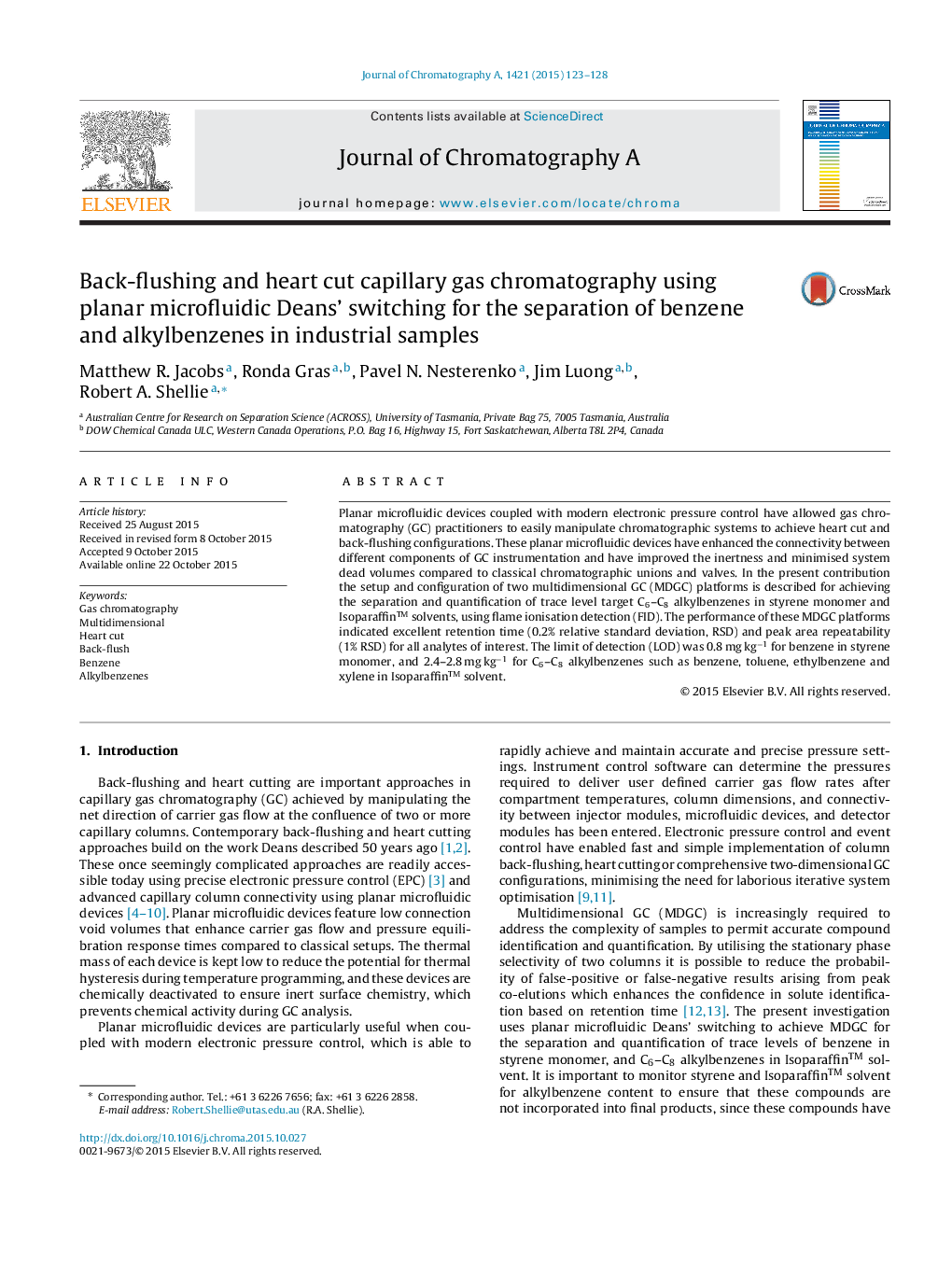 Back-flushing and heart cut capillary gas chromatography using planar microfluidic Deans’ switching for the separation of benzene and alkylbenzenes in industrial samples
