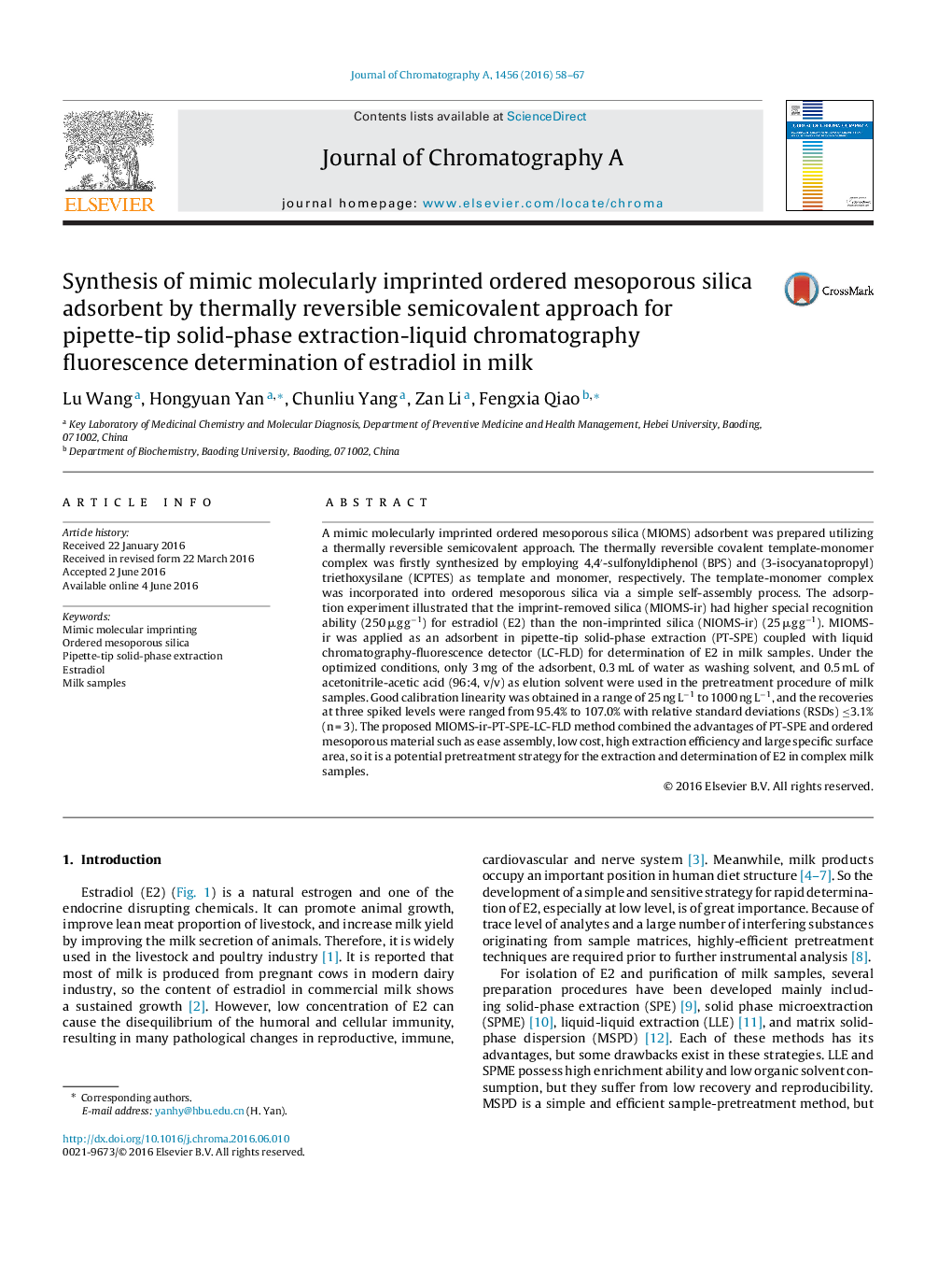 Synthesis of mimic molecularly imprinted ordered mesoporous silica adsorbent by thermally reversible semicovalent approach for pipette-tip solid-phase extraction-liquid chromatography fluorescence determination of estradiol in milk