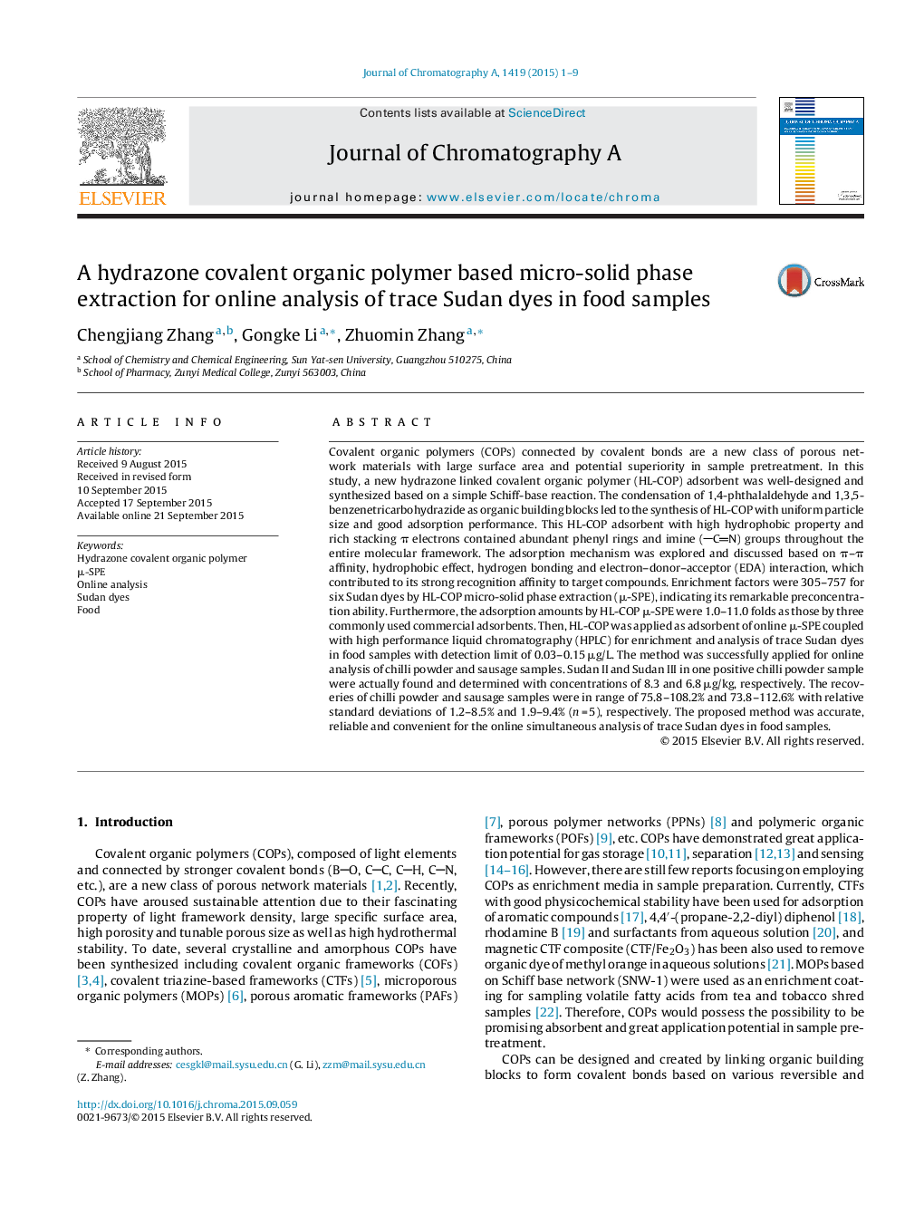 A hydrazone covalent organic polymer based micro-solid phase extraction for online analysis of trace Sudan dyes in food samples