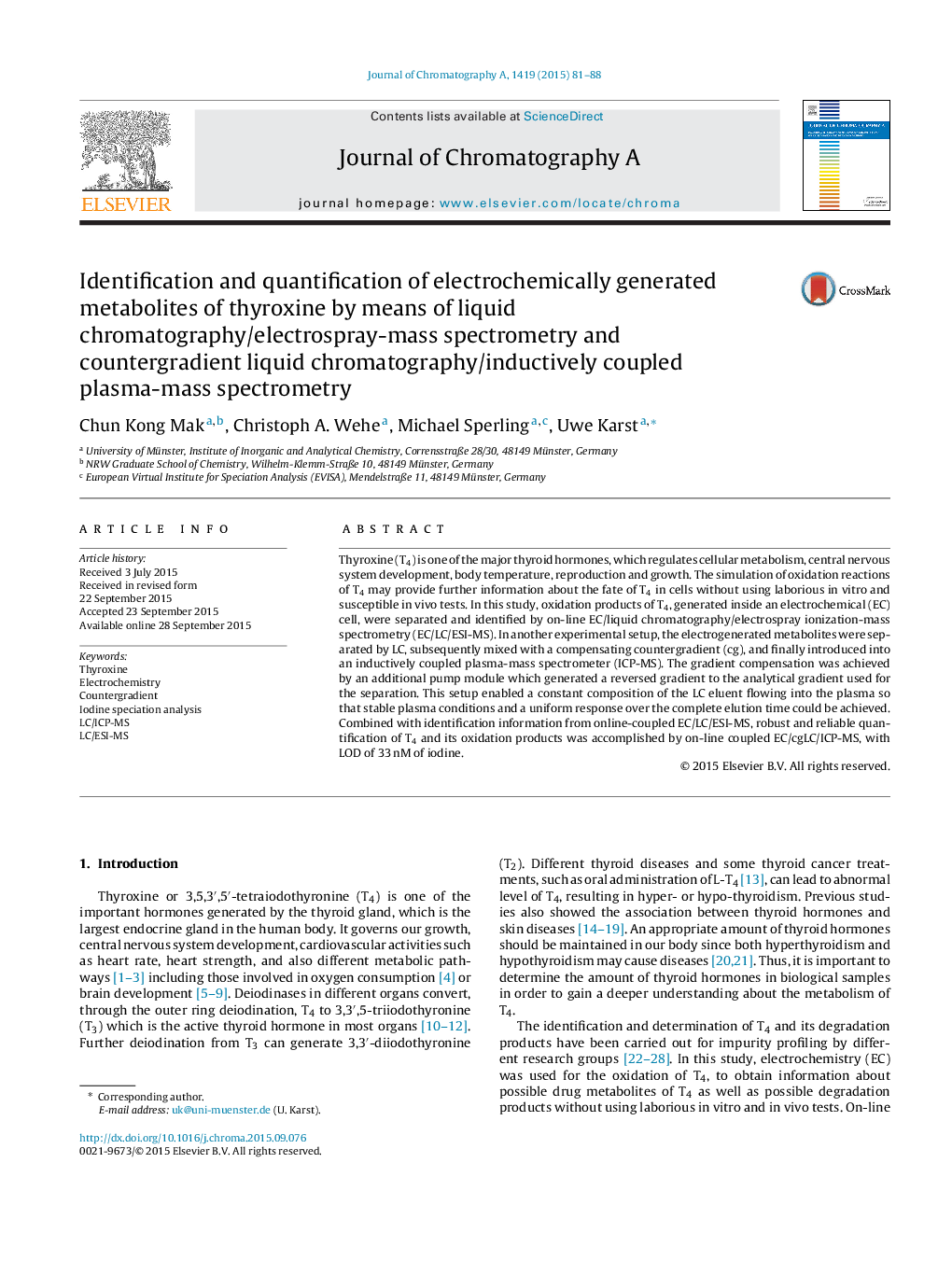 Identification and quantification of electrochemically generated metabolites of thyroxine by means of liquid chromatography/electrospray-mass spectrometry and countergradient liquid chromatography/inductively coupled plasma-mass spectrometry