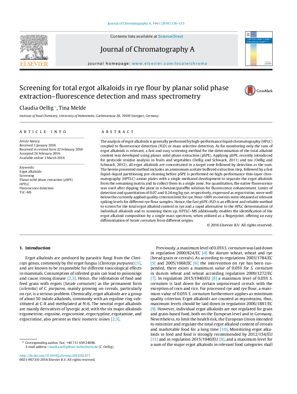 Screening for total ergot alkaloids in rye flour by planar solid phase extraction–fluorescence detection and mass spectrometry