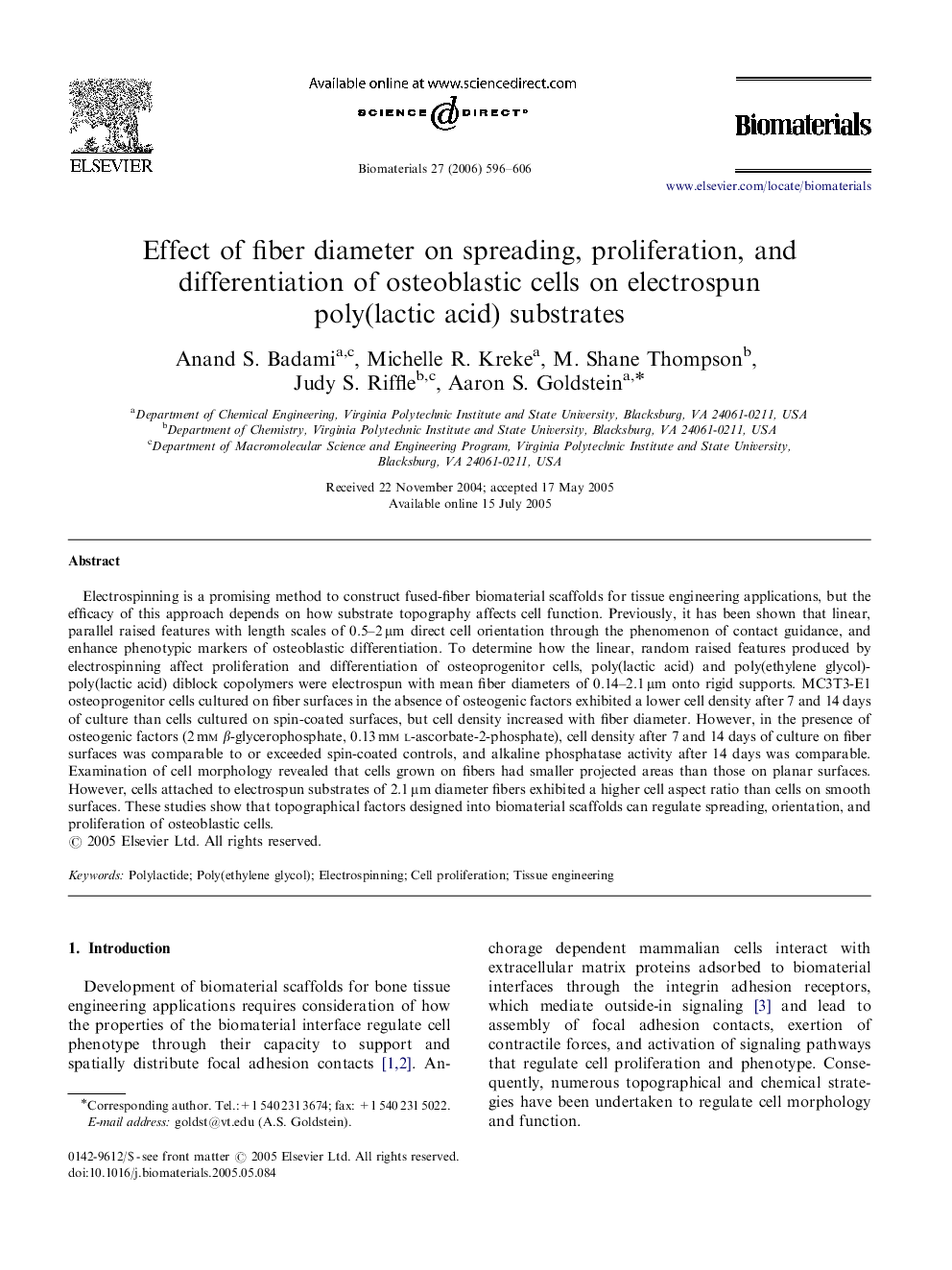 Effect of fiber diameter on spreading, proliferation, and differentiation of osteoblastic cells on electrospun poly(lactic acid) substrates