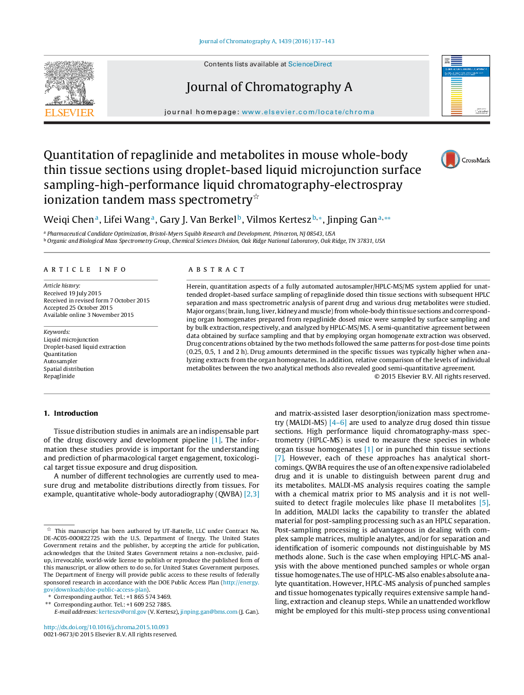 Quantitation of repaglinide and metabolites in mouse whole-body thin tissue sections using droplet-based liquid microjunction surface sampling-high-performance liquid chromatography-electrospray ionization tandem mass spectrometry 