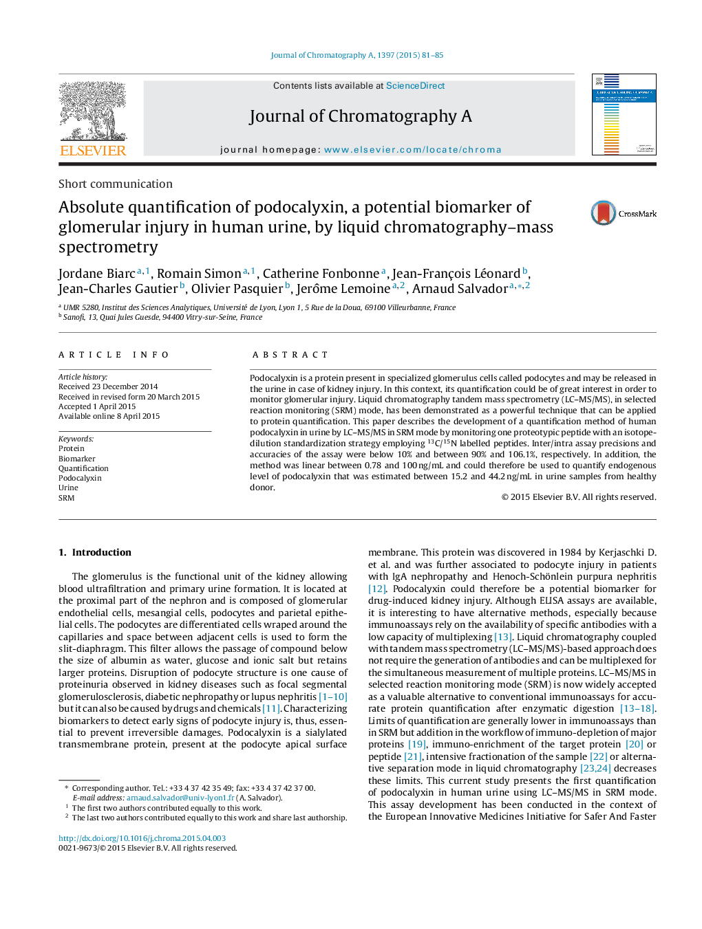 Absolute quantification of podocalyxin, a potential biomarker of glomerular injury in human urine, by liquid chromatography–mass spectrometry