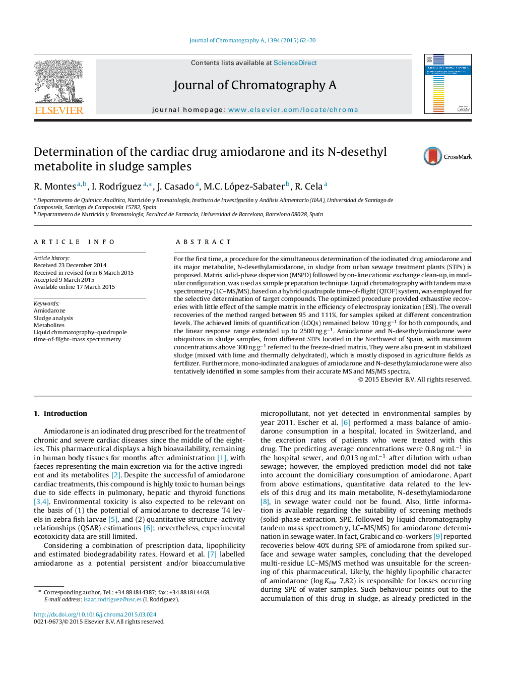 Determination of the cardiac drug amiodarone and its N-desethyl metabolite in sludge samples