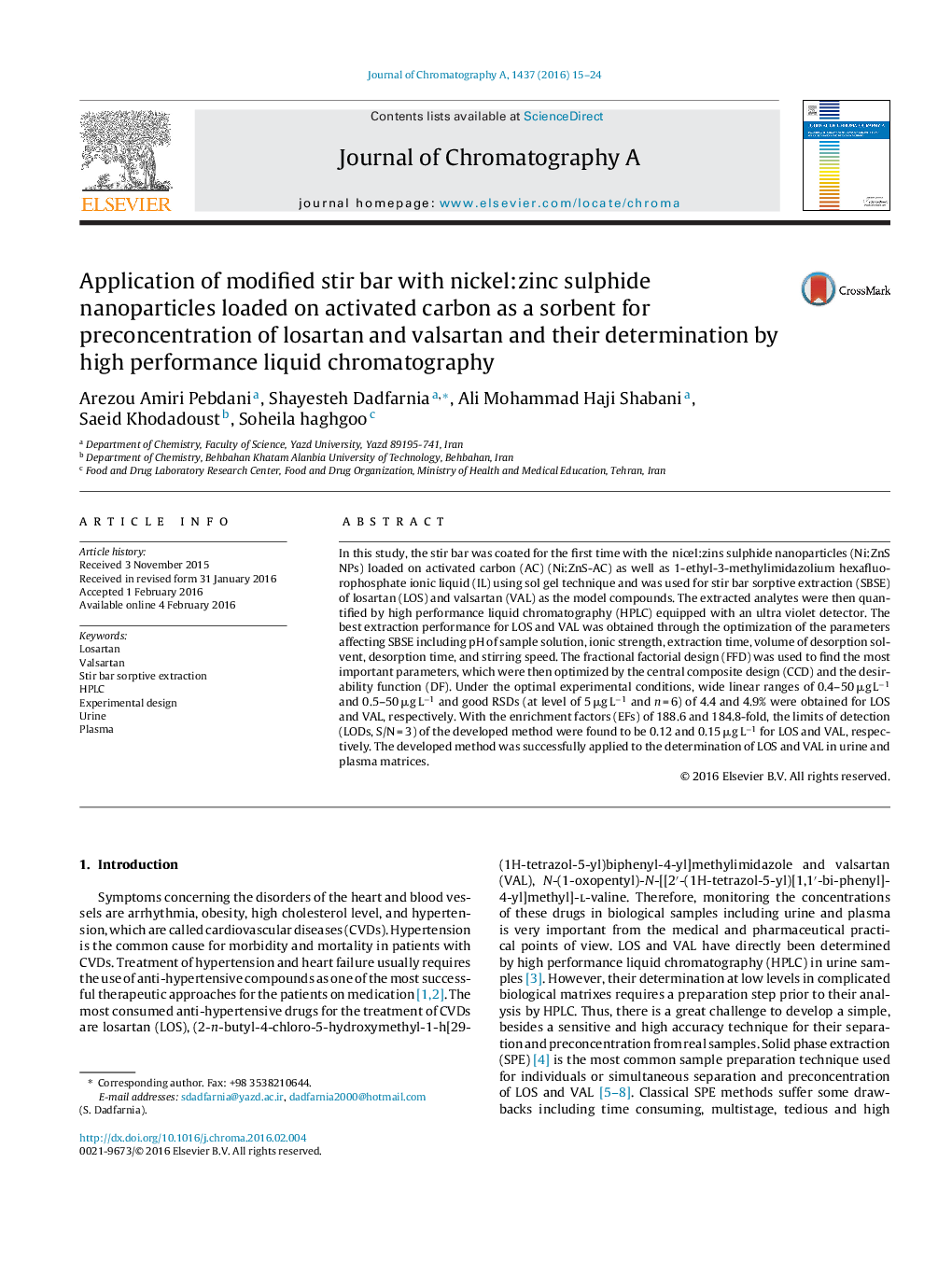 Application of modified stir bar with nickel:zinc sulphide nanoparticles loaded on activated carbon as a sorbent for preconcentration of losartan and valsartan and their determination by high performance liquid chromatography