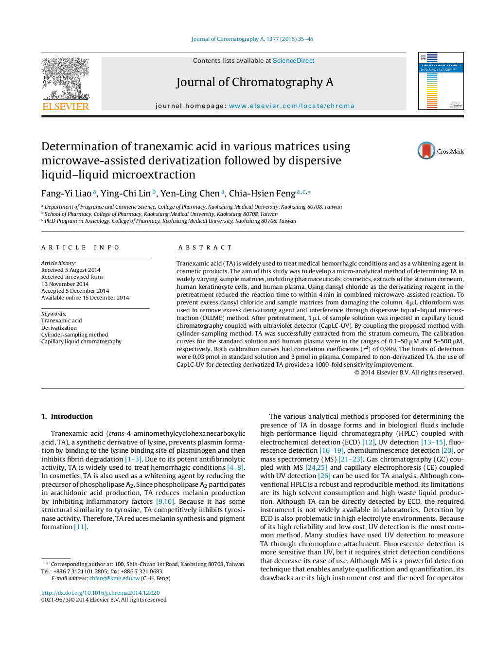 Determination of tranexamic acid in various matrices using microwave-assisted derivatization followed by dispersive liquid–liquid microextraction