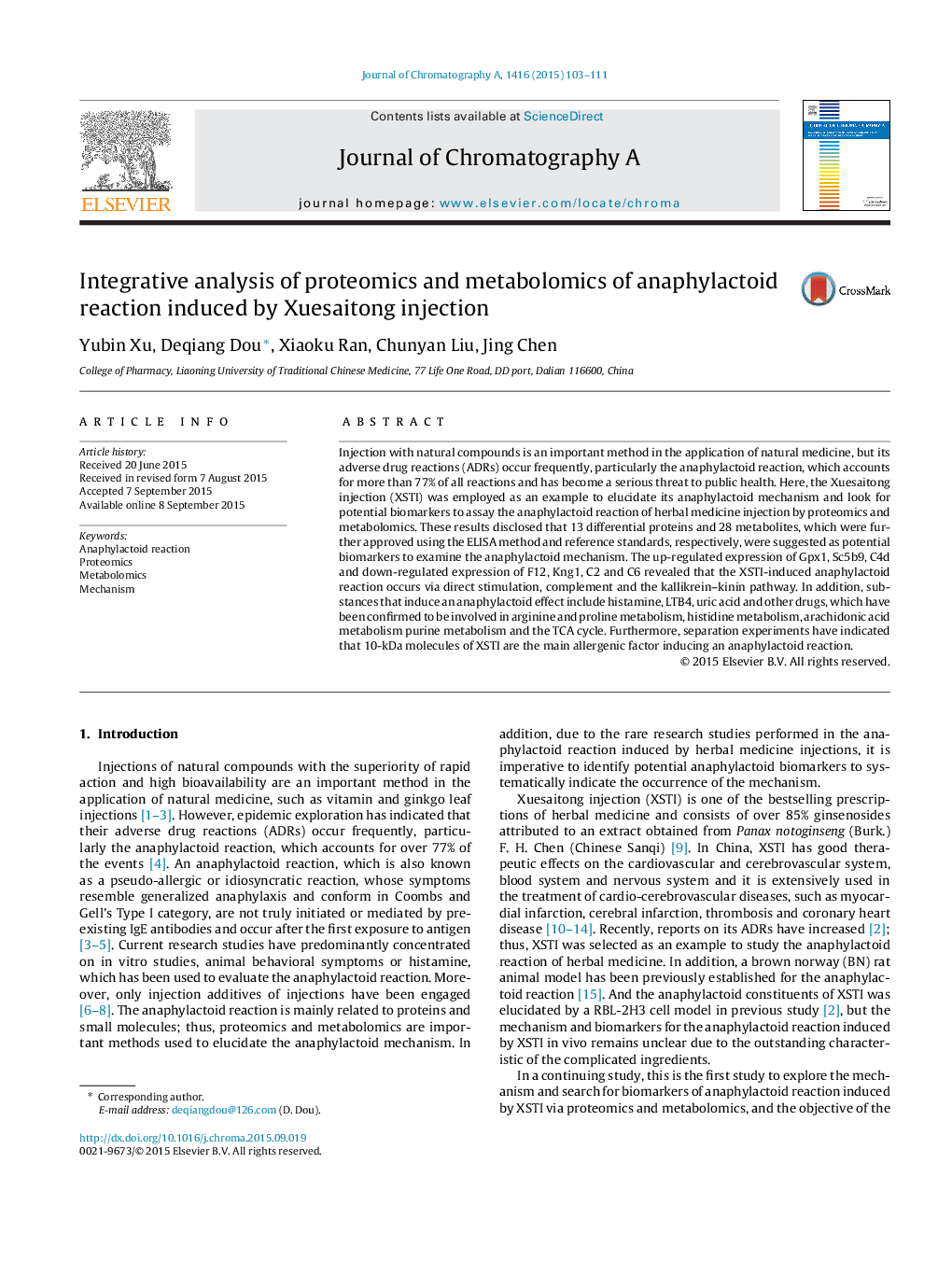 Integrative analysis of proteomics and metabolomics of anaphylactoid reaction induced by Xuesaitong injection